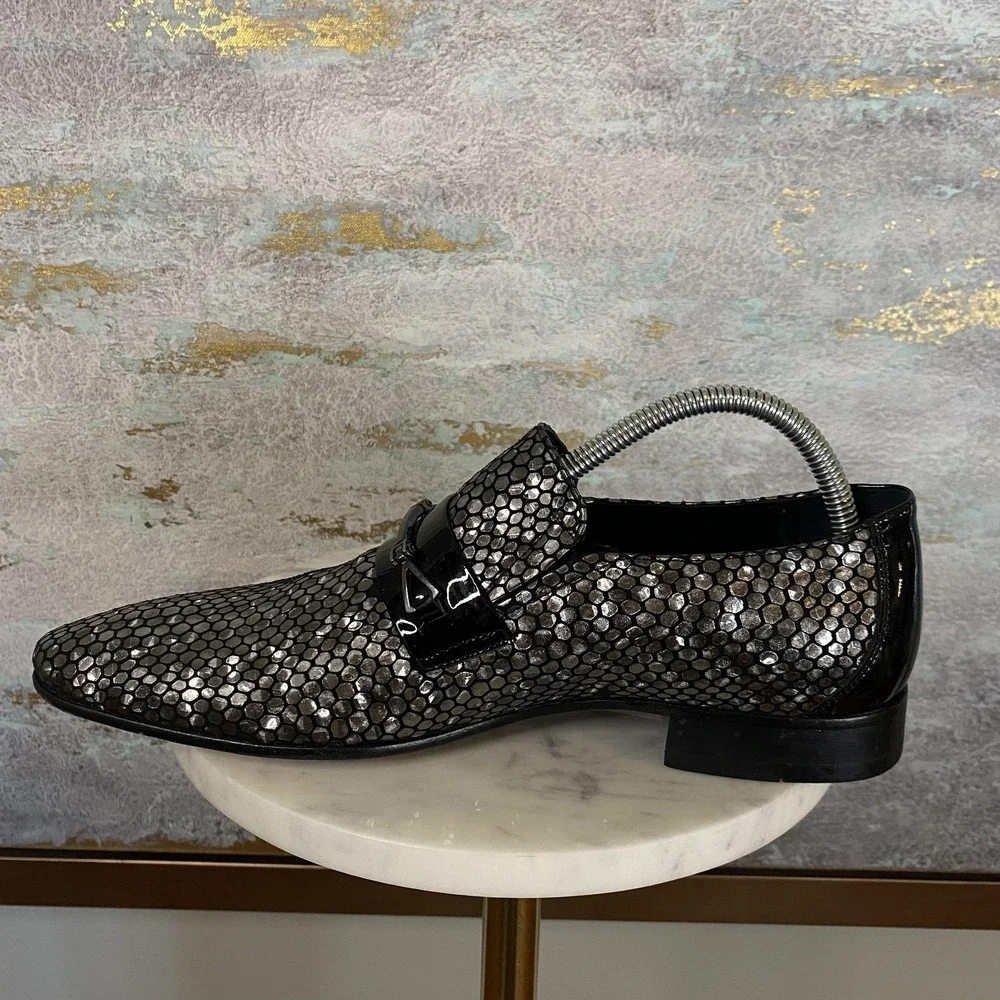 Vercini Shoes Mens Size 6.5 Silver Sequin Leather Monk Strap Dress Loafers